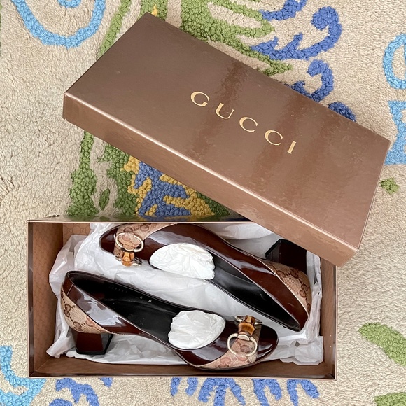 Gucci Cocoa Brown Patent Leather Logo Mid-Heel Shoes - Picture 1 of 13